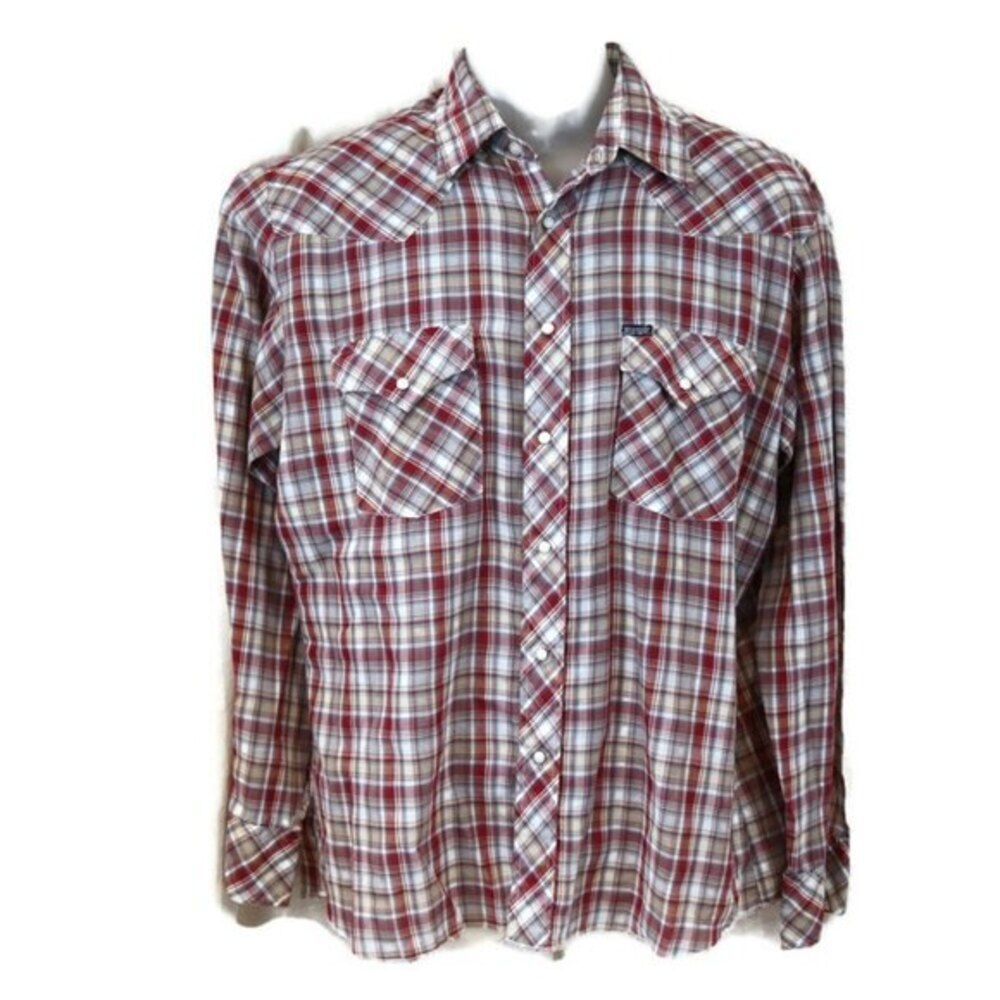 Wrangler Vintage Peal Snap All Over Red Plaid Shirt Long Sleeve Large Western